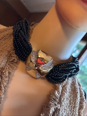 Gold-Tone Sculpted Centerpiece Black Multi-Strand Bead Choker Necklace